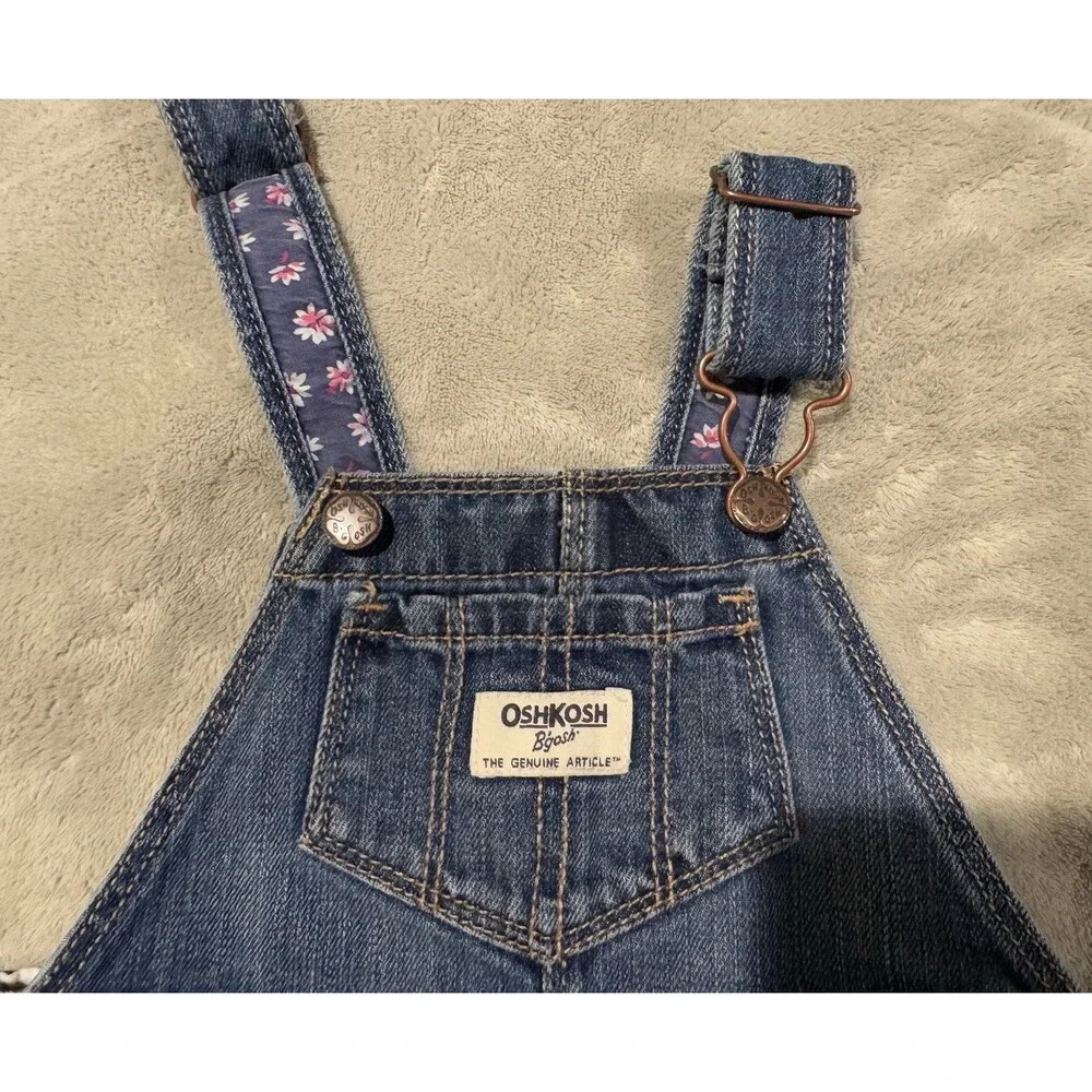 Vintage Y2K OshKosh B'gosh Vestbak Baby Girls 9M Blue Denim Overalls Floral Trim
